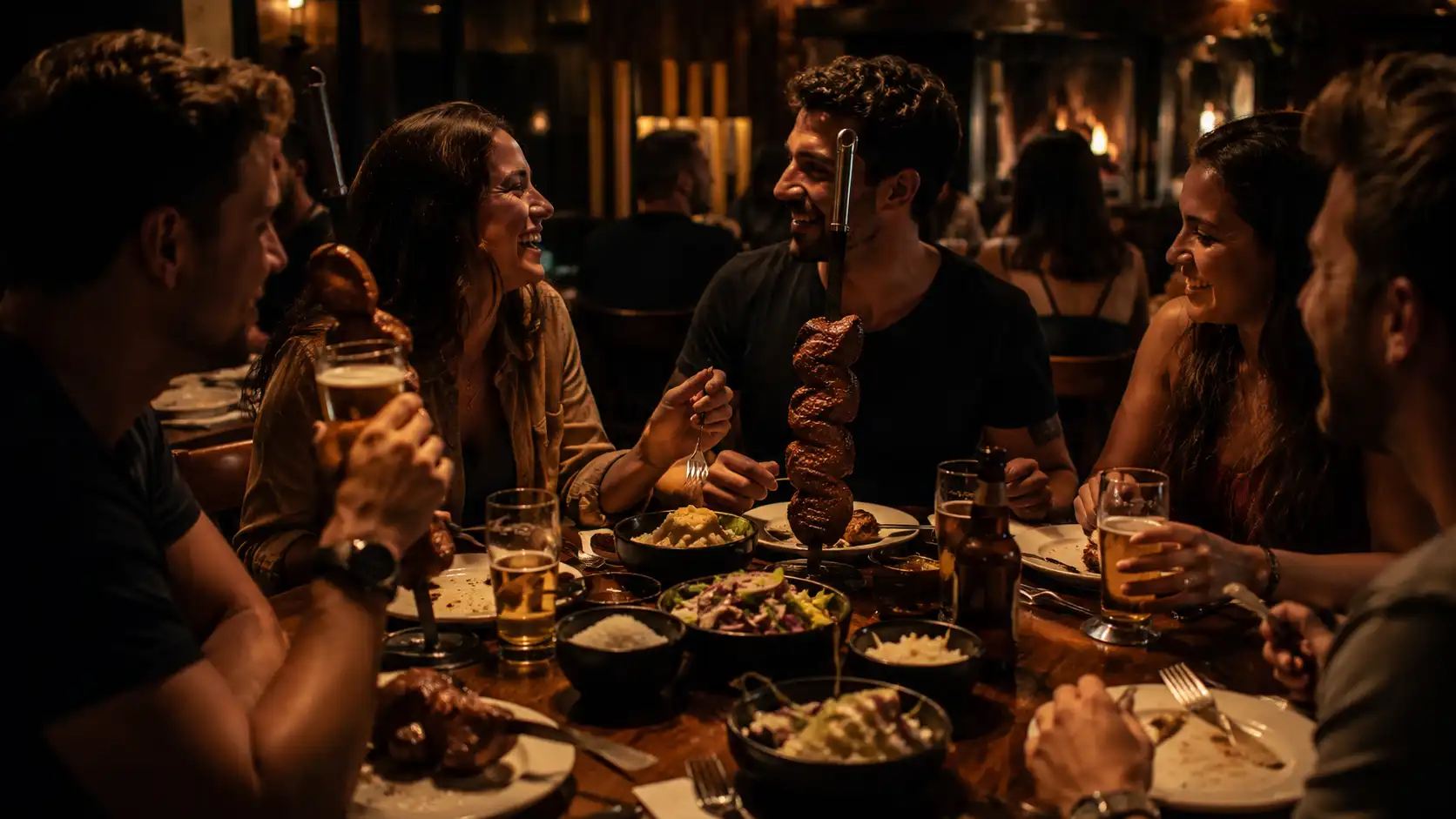 Mesa cheia à noite — Sabor em Brasas