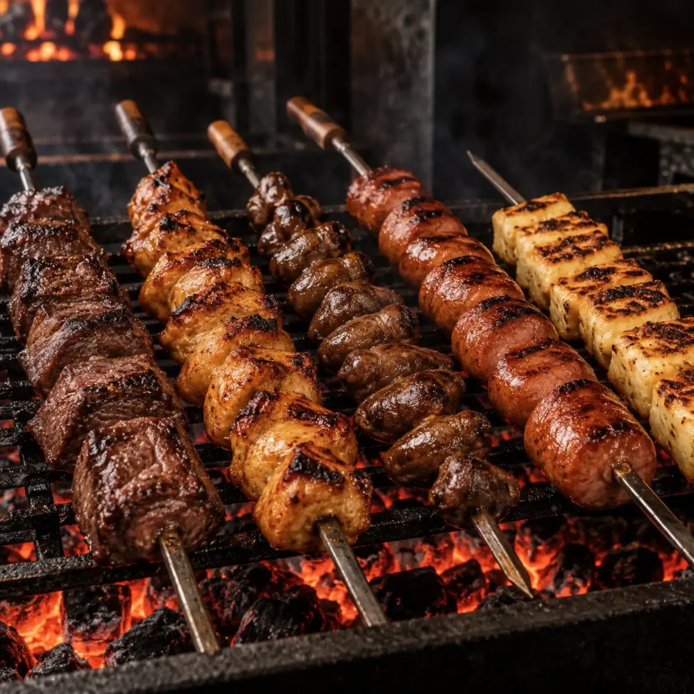 Espetos artesanais na grelha — Sabor em Brasas