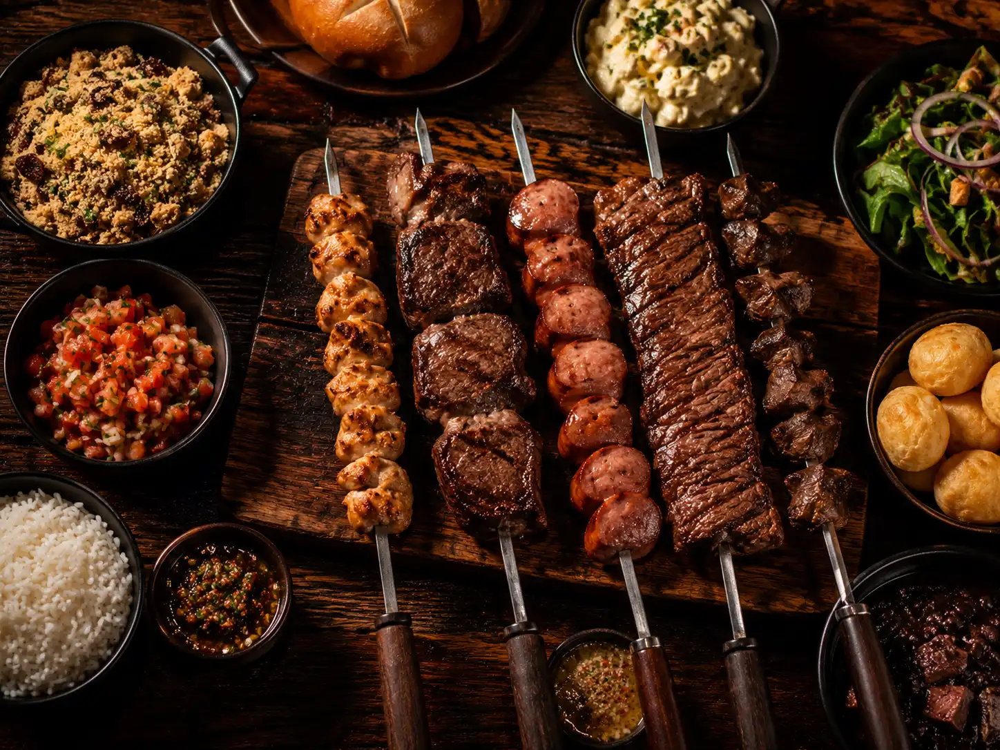 Mesa com espetos e porções — Sabor em Brasas